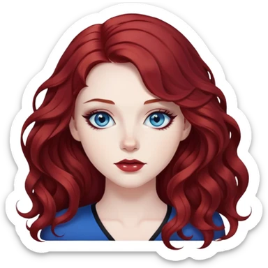 pretty baddie, dark red wavy hair, pale skin, long hair, blue eyes, black eyeliner sticker