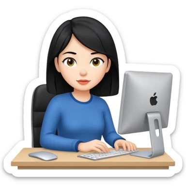 Girl with black hair working at a computer desk sticker