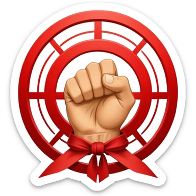 An emblem symbolizing striking martial arts, featuring a clenched fist in the center surrounded by dynamic lines representing speed and power. The background includes subtle elements of a combat ring and traditional martial arts symbols. Transparent background. sticker