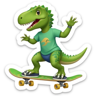 Dinosaur skateboarding at the skate park wearing a t-shirt and doing six seven and dancing sticker