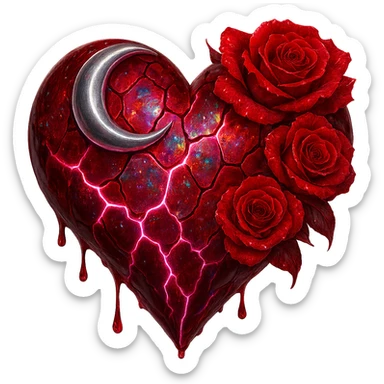 Edit the gothic heart to use fractured deep red glass, silver crescent moon, red roses, iridescent holographic stardust, neon lightning bolts, and a wet, shiny finish. Keep the background transparent. The style should maintain the gothic heart's original look with transparent background. sticker