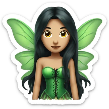 Fairy with long black hair green wings and green corset sticker