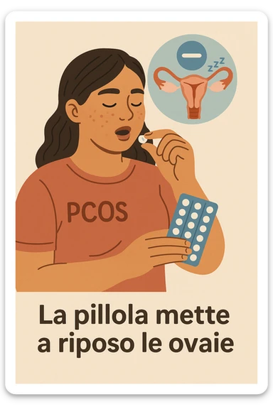 Donna con pcos che prende la pillola, e la pillola mette a riposo le ovaie in italiano sticker