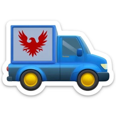 3D emoji of a blue delivery truck with a red eagle logo on the side, yellow wheels, driving fast, white background, sticker style. sticker