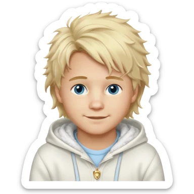 Create a look for a blond boy with long, tousled hair, light eyes, a white sweater, a wealthy appearance, blue eyes, and accessories like a Rolex or Cartier watch, and a cute face with messy hair down. blue eyes + + pajama white fluffy + hood fluffy sticker