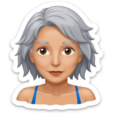 Middle aged, gray haired woman with brown eyes in a swimming pool with marijuna sticker