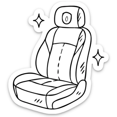 hand-drawn outlined icon of a luxury car seat in matte black with a small droplet or shield on the headrest, elegant stitching, minimalist lines, extra shine and sparkles, clean and modern sticker