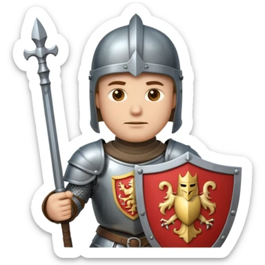 An emoji portrait of a medieval knight. He wears a suit of armor with a stylized helmet. His expression is serious and determined, and he holds a shield with a family crest. sticker