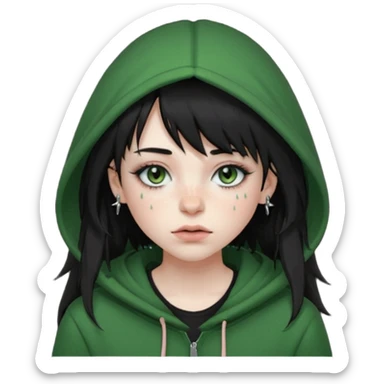 girl with black long layered hair with wispy bangs, pale skin, black t shirt, freckles on nose, dark nude colored lipliner, fluffy lashes, green hooded eyes, black spiky septum ring, eyebrow piercing, blush, thin black eyebrows. sticker