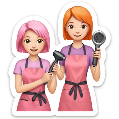 happy woman in pink apron getting a haircut from smiling female hairstylist in orange apron, holding hairdryer in right hand sticker