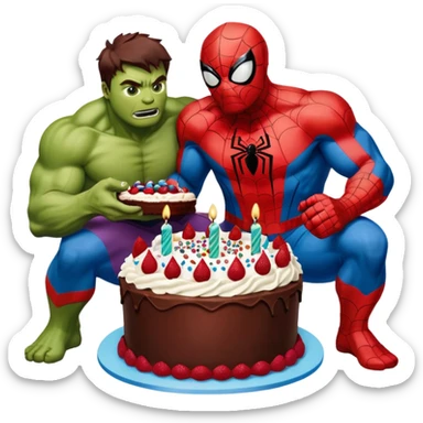 Spider-Man and Hulk eating a birthday cake sticker