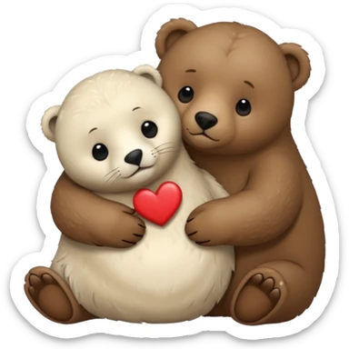 small white seal hugging a big brown bear with a heart in between them sticker