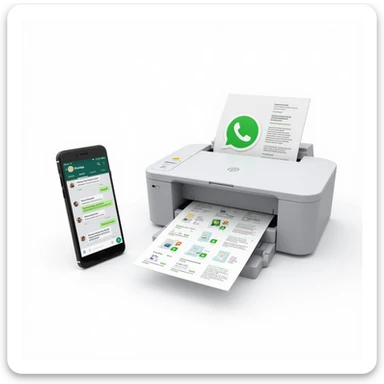 realistic thumbnail for a WhatsApp print out service, smartphone on the left side with WhatsApp open, chat showing various file types, printer on the right side printing out a variety of files, white background sticker