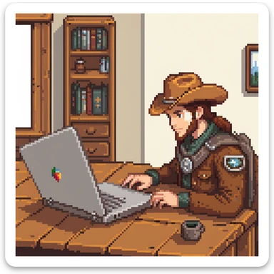 Frontier explorer with cowboy hat using a laptop on a wooden desk sticker