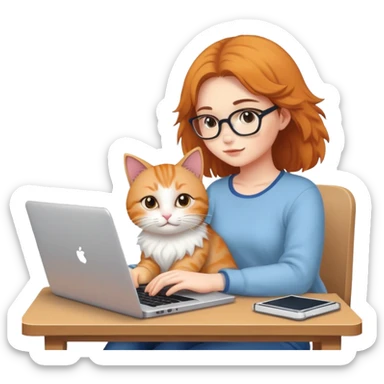 A girl is working hard on a laptop with a cat next to it sticker