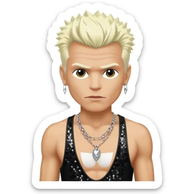 Billy Idol with platinum blonde hair, black sequin baggy pants, shirtless with necklace sticker