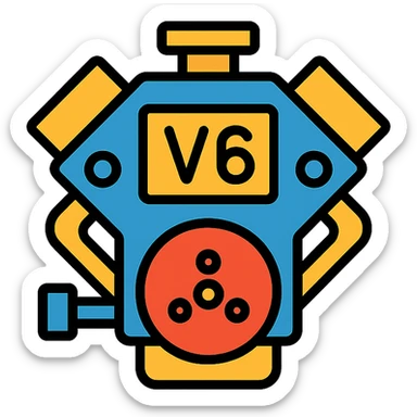 mechanical 6-cylinder engine illustration with 'V6' text, clean and simple, no background, icon style sticker