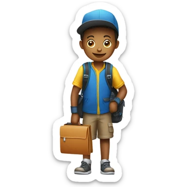 Boy carrying a hat, gloves, school folder and wearing a backpack sticker