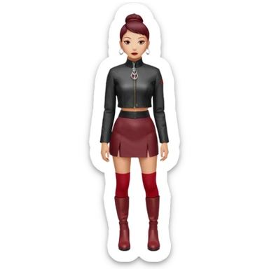 “East Asian woman with a tight sleek bun, no loose strands. Black leather jacket over a black turtleneck, silver Vivienne Westwood-style orb necklace. Red leather mini skirt, burgundy tights, red long boots. Clean, fashion-editorial style.” sticker