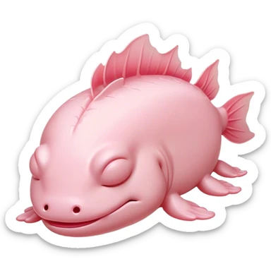 Meme-Worthy Cute Sleeping Axolotl Portrait Emoji, Head resting peacefully with a contented smile, showcasing a slender, graceful body with smooth, pale pink skin and gently drooping feathery gills, eyes shut in a serene nap, Simplified yet hilariously adorable features, highly detailed, glowing with a soft, drowsy light, high shine, relaxed and utterly lovable, stylized with an air of playful laziness, bright and heartwarming, soft glowing outline, capturing the essence of a comically sleepy aquatic friend, so meme-worthy it feels like it could instantly become the next viral sensation of adorable slumber! sticker