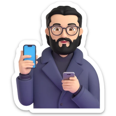 professional man standing, wearing black coat, with medium black beard, black hair neatly combed to one side, connected unibrow, olive tan skin, brown eyes, glasses, prominent nose, holding a smartphone sticker
