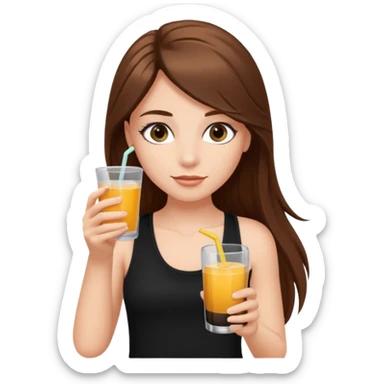 girl with long brown hair, false lashes, dressed with a black tank top and a drink in her right hand sticker