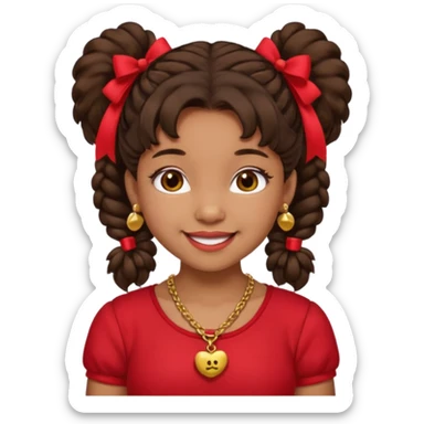 Brownskin girl dark brown hair fluffy. pigtails with red bows brown eyes smiling closed mouth red shirt gold esrrings gold necklace sticker