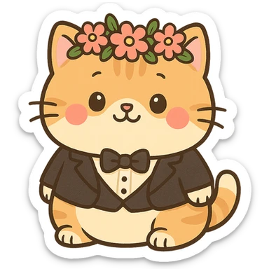 A chubby kitten wearing a tiny tuxedo and a flower crown, in a cute cartoon style sticker