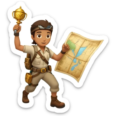 An icon featuring an adventurer in a dynamic action pose with treasure map, ancient ruins and jungle landscapes in the background. The design includes clues, hidden passages and climbing gear, symbolizing the thrill of exploration and discovery. Transparent background. sticker