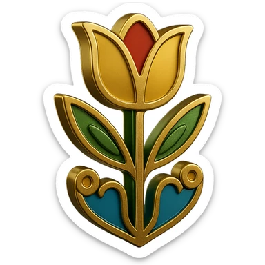 Change the motif outline and line art to gold instead of black. The crow should have a gold outline. The tulip motif should be large and in bright folk colors. The style should match the heart reference, simple Scandinavian folk art style with gold outlines and bright folk colors. Transparent background. sticker