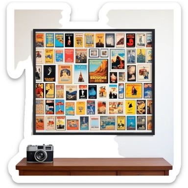 Icon for Photograph and Poster Collecting: a collection of photographs and movie posters, neatly displayed on a wall or in frames. The icon should evoke the nostalgia and artistic value of collecting rare images and posters. Transparent background. sticker