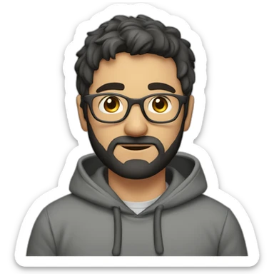 A project manager in a gray hoodie and with a short beard, with gray eyes, with short black hair without a parting, wearing glasses sticker