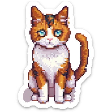 calico cat, retro and blocky pixel art style sticker
