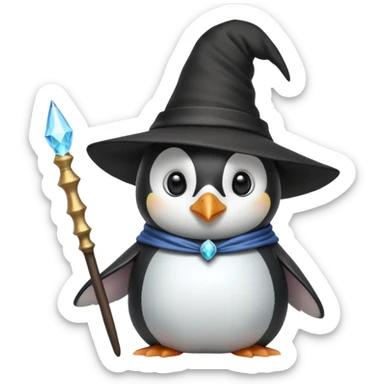 A penguin wizard with a pointy hat and a magic wand sticker