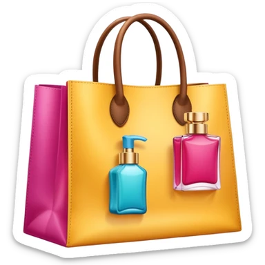 emoji of luxury brand labeled beauty products near shopping bag
 sticker