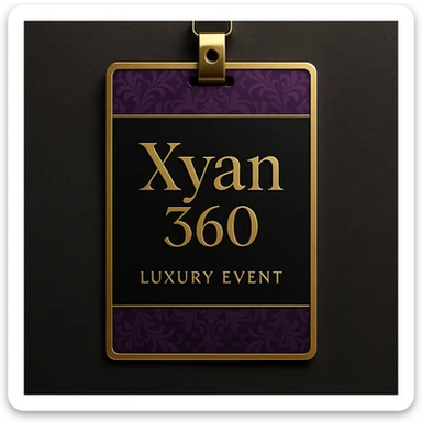 luxury event badge with the name 'Xyan 360' in gold lettering, purple and black background, elegant and upscale style sticker