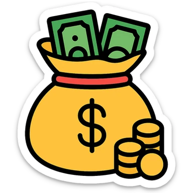 colored icon of a money bag with coins and banknotes peeking out sticker
