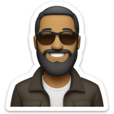 a brown man with a long beard, wearing shades, jacket and a smile on his face. full body image sticker