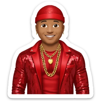 LL Cool J with red sequin jacket, shirtless with necklace sticker