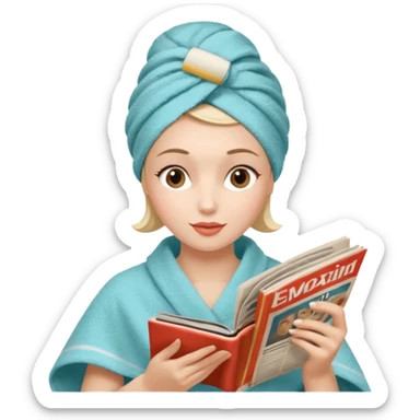 mujer en la peluquería con toalla en la cabeza y leyendo una revista, estilo vintage sticker