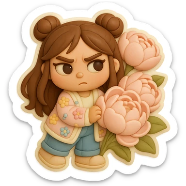 3D chibi fondant cake art style, high-quality rendering with smooth shadows and soft gradients. Girl based on reference image preserving facial features and eye shape exactly as in the reference. Long brown hair in two space buns, brown eyes, jeans, pastel floral cardigan, shoes. Thick white outline like a sticker, transparent background. Peeking out from a bouquet of soft pink peonies. Ensure the face, hairstyle, eye shape, and shoes match the reference exactly. sticker