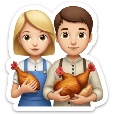 Boy and girl carrying a chicken meat sticker