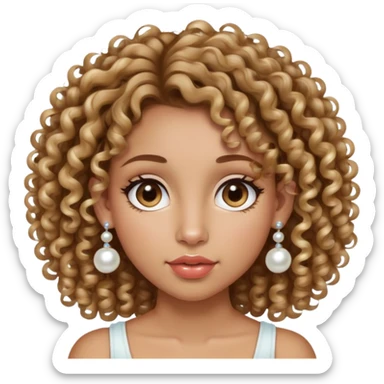 chica con el pelo muy muy rizado, de color castaño con mechas rubias. Nariz pequeña y redonda y labios gruesos. La cara de una forma redonda. Pendientes de perla con un segundo percing en la oreja.  sticker