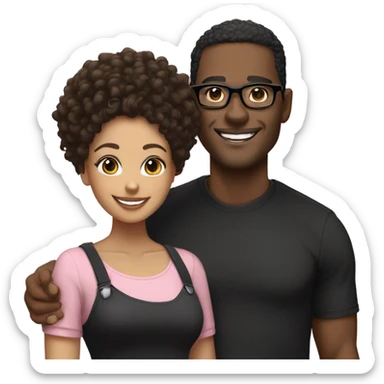 Black man, smiling, curly black hair, with black shirt and light skinned woman, curly bun, smiling, light pink shirt, black glasses sticker