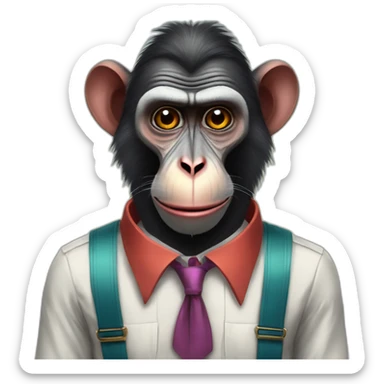 Funny Portrait of a Mandrill with a human-like face wears a shirt and Suspenders in the shirt papillon like a clown sticker