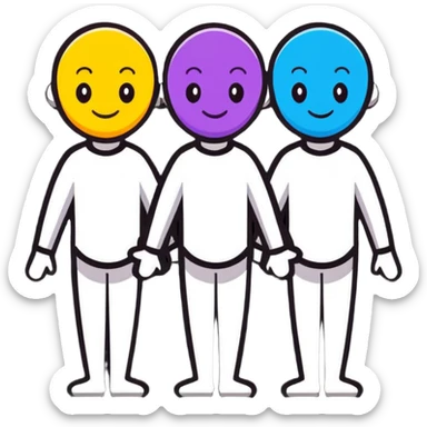 Three smiling characters standing together with complementary personality traits symbolized by different colored auras that blend harmoniously sticker