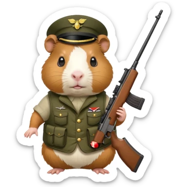 guinea pig dressed in military vest, holding a rifle, no hat sticker