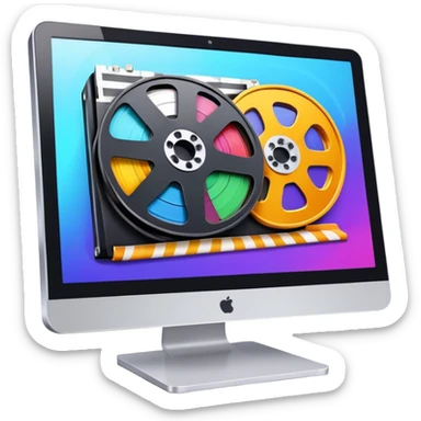 a vibrant and modern icon representing Animation and Motion Design, featuring elements like a film reel, a computer screen displaying animation, dynamic motion lines, and a cinematographic film strip on an editing table. colorful, and dynamic, without any emojis. The background  transparent. sticker