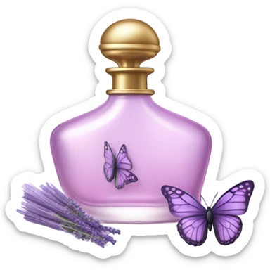  pastel violet butterfly resting on an elegant lavender perfume bottle with fork pink details. sticker