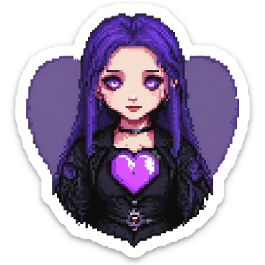 a heart with a goth girl inside, pixel art style, purple and black colors, dark atmosphere sticker